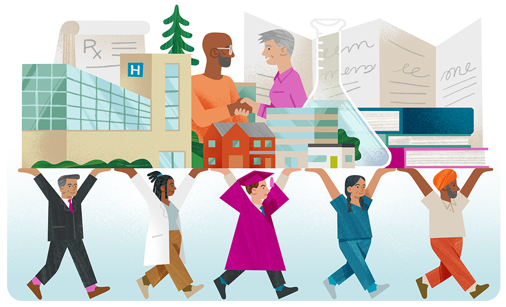 A landscape shows buildings and items related to healthcare and learning, all supported by a diverse group of people who hold the landscape aloft.