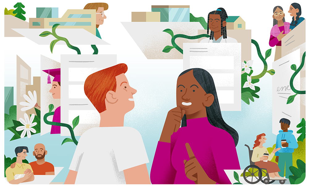 A diverse range of people and images related to community, learning, and healthcare.