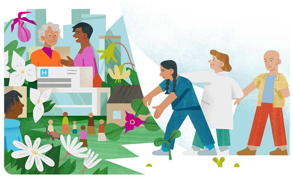 A diverse group of people pull back a curtain, revealing a green urban landscape with spring flowers and other individuals who are interacting.